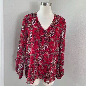 Calvin Klein Womens Large Red Paisley Blouse V Neck Long Sleeve Shirt Top